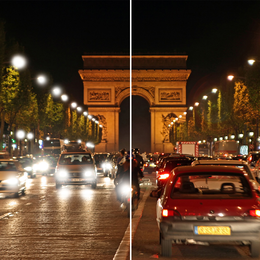 Examples of halos and glare while driving at night with and without TechShield Elite.